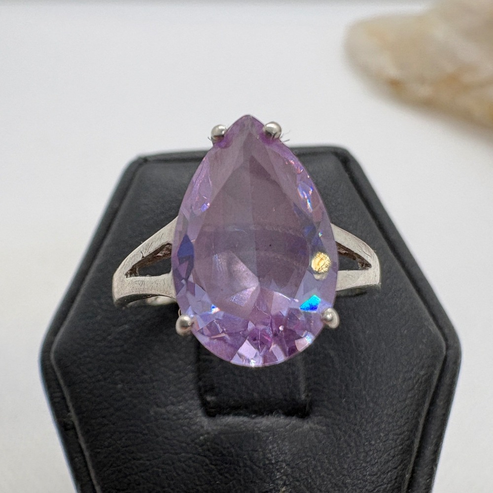Vintage Sterling Silver Pear Cut Lavender CZ Solitaire Ring Size 8 925 Purple